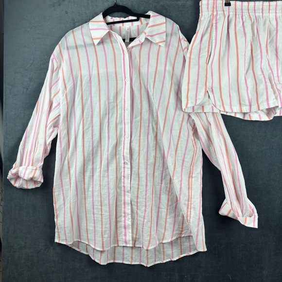 Fabletics set Cotton Voile Oversized Lite Striped Shirt high waist shorts Large - Picture 2 of 16